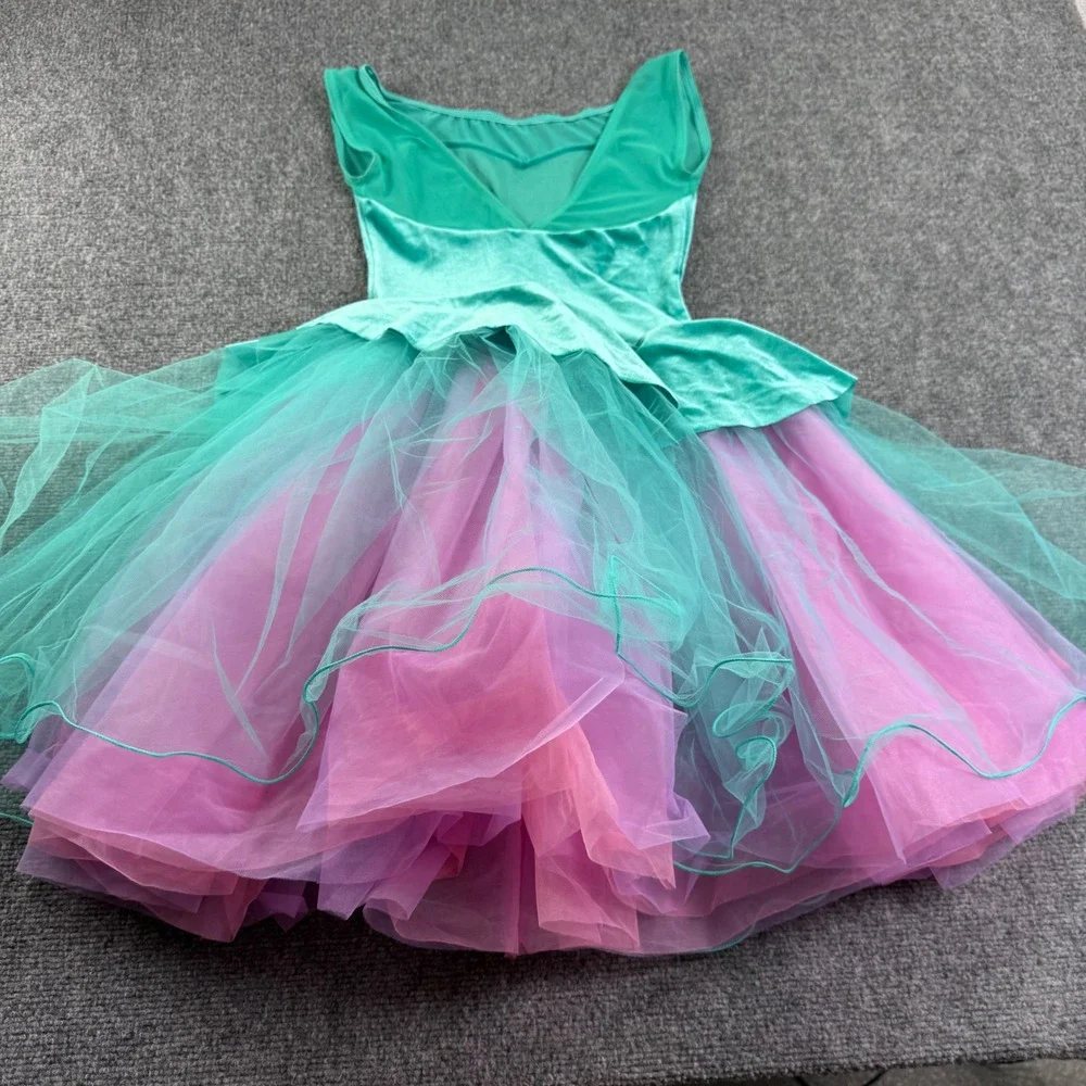 A Wish Come True Dance Costume LC Teal Velvet Floral Tulle Tutu Girls Kid's